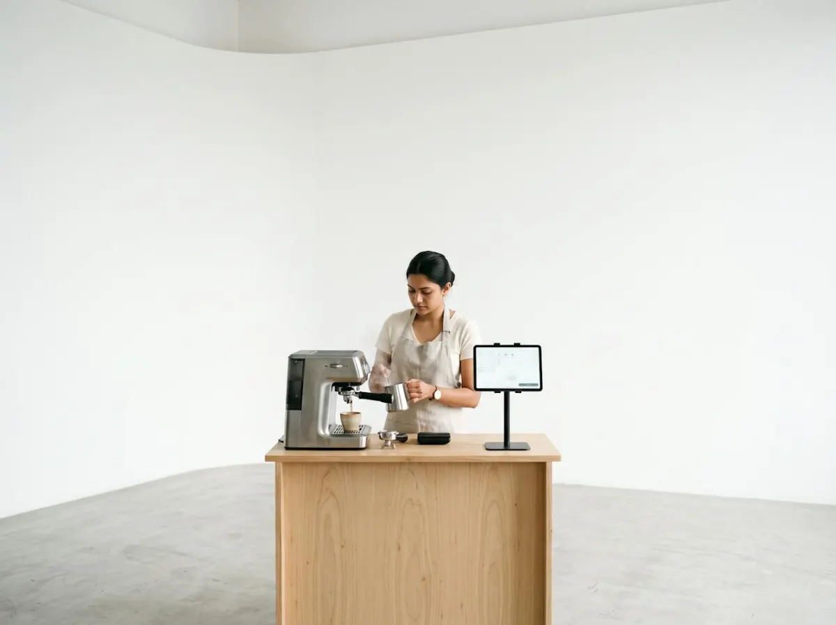 A barista making coffee at an espresso machine with a tablet on a stand beside it