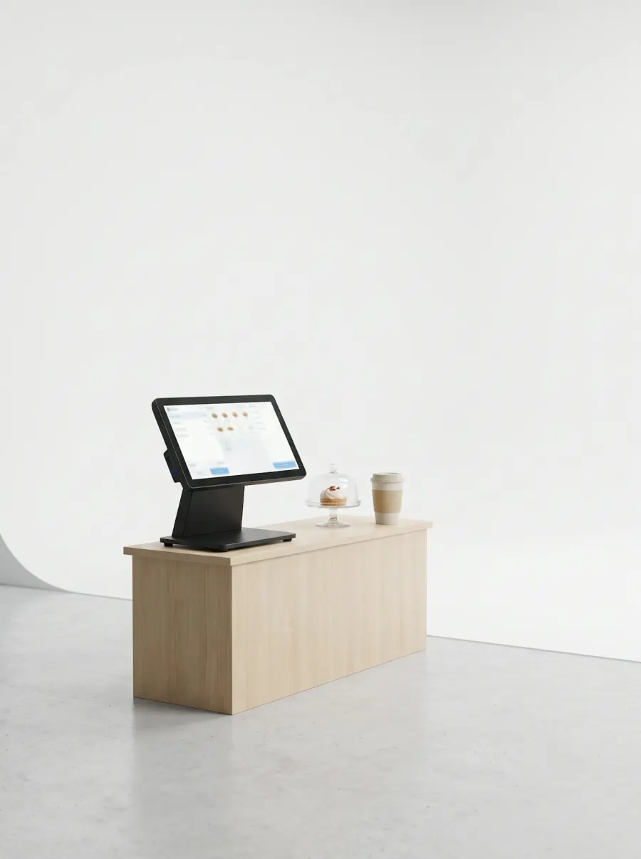 A single-screen POS terminal on a wooden cafe counter beside a pastry dome and a takeaway cup