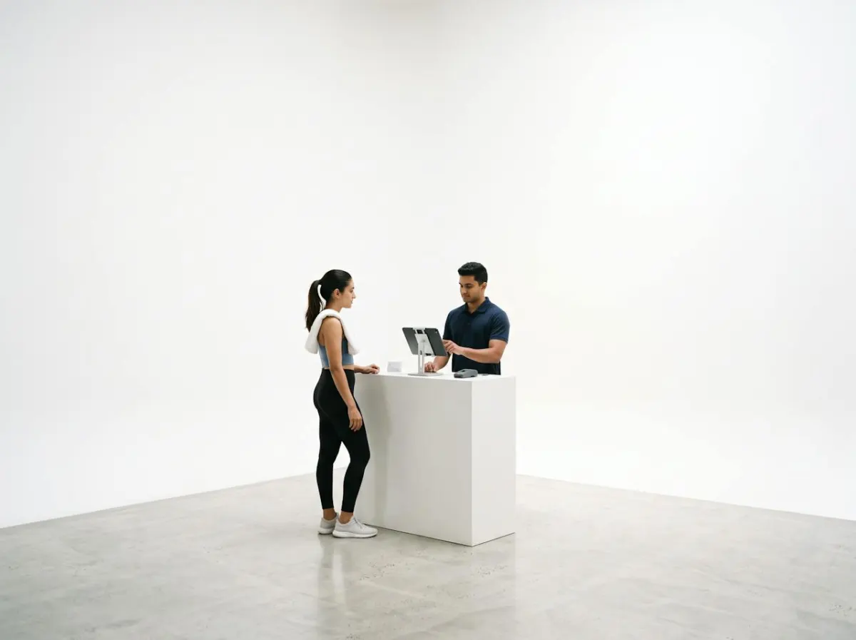 A gym member being checked in on a tablet at the front desk