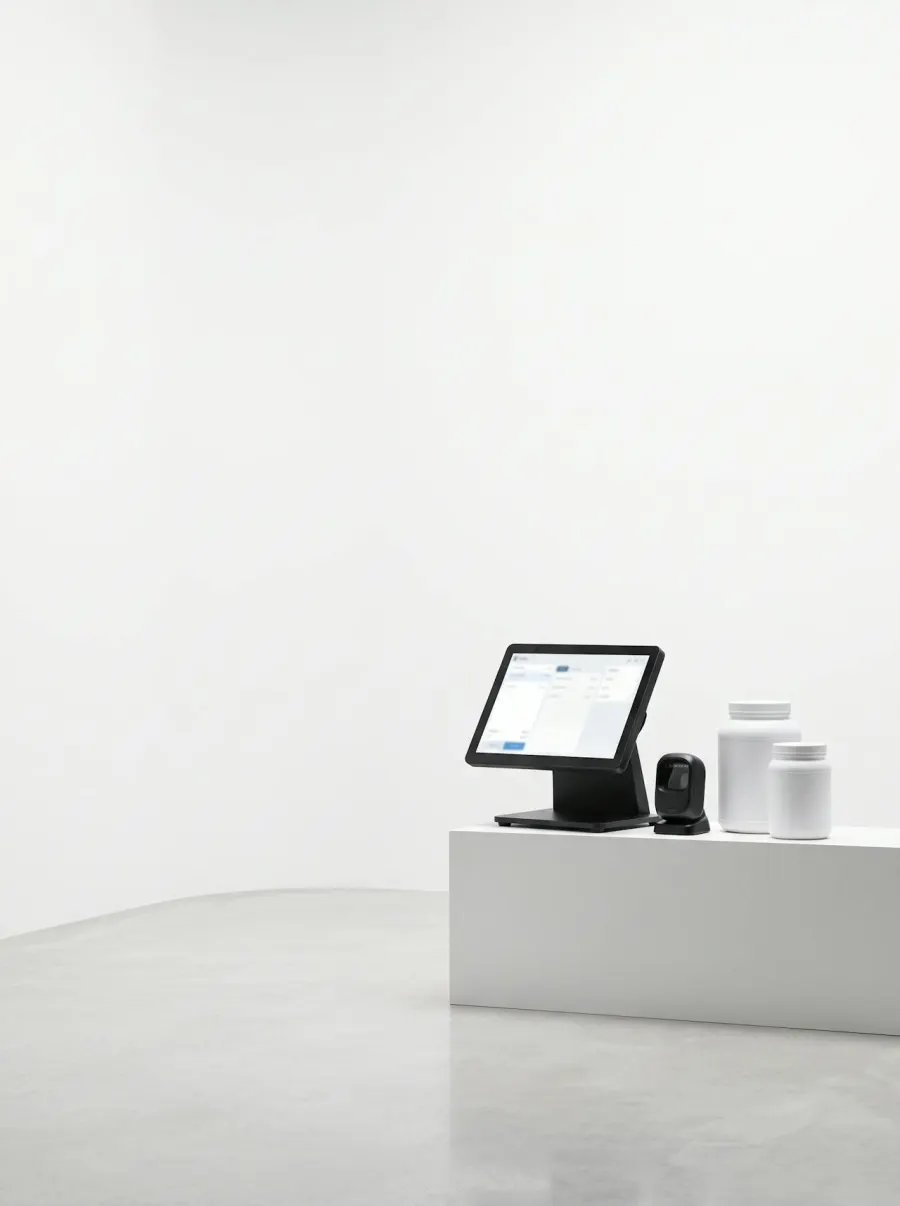 A single-screen POS terminal with a barcode scanner and supplement tubs on a white counter