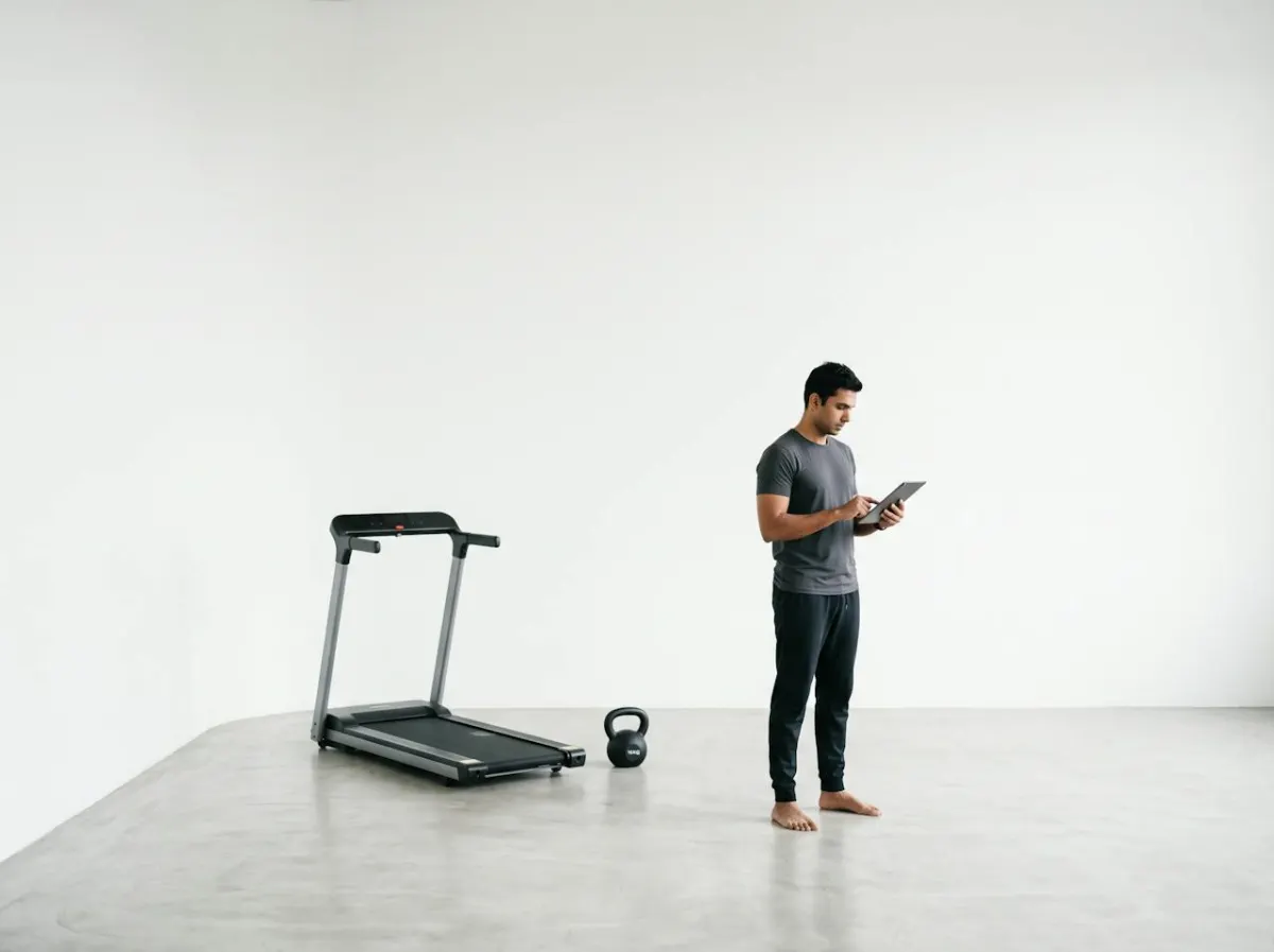 A gym owner checking figures on a tablet beside a treadmill