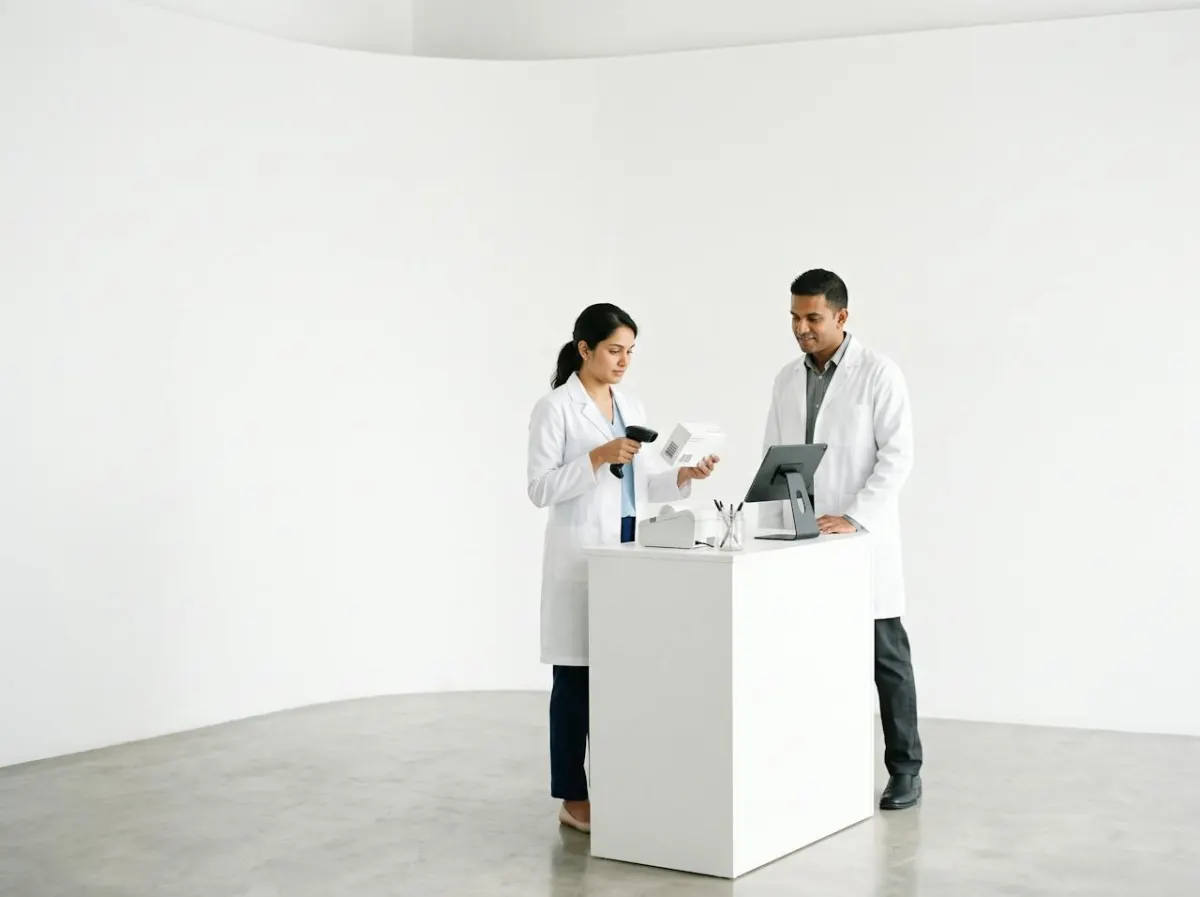 Pharmacists scanning a medicine box at a counter with a tablet till