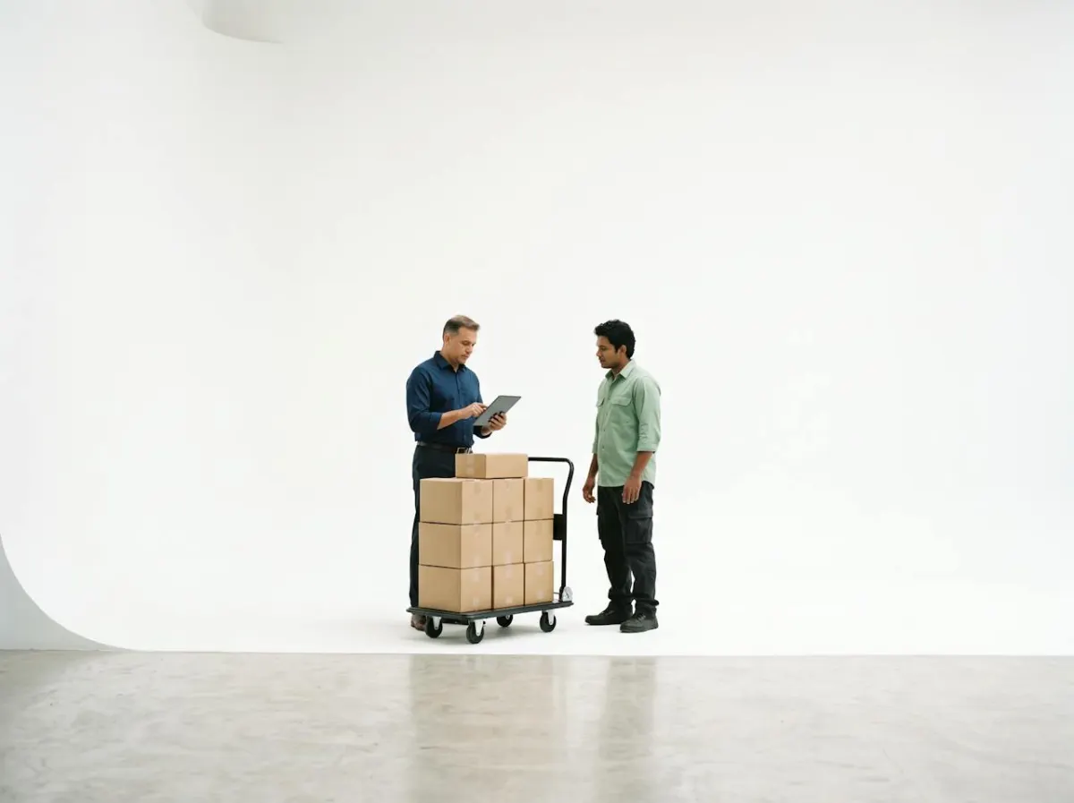 A pharmacy owner checking a delivery of cartons against a tablet