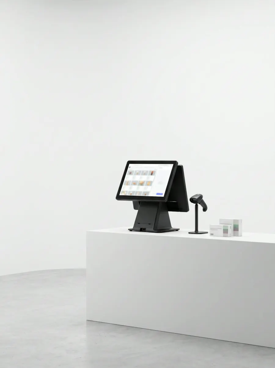 A dual-screen POS terminal with a barcode scanner and medicine boxes on a white counter