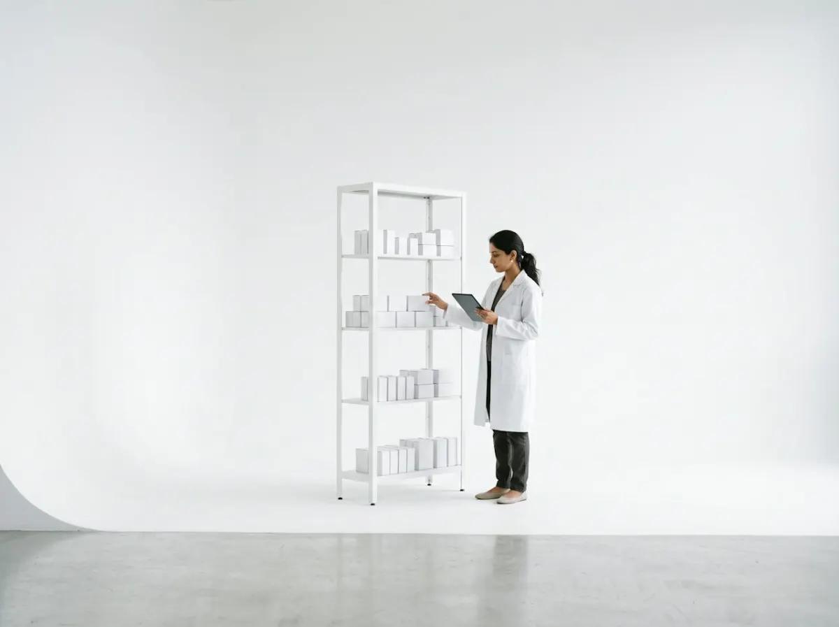 A pharmacy assistant checking boxes on a shelf against a tablet
