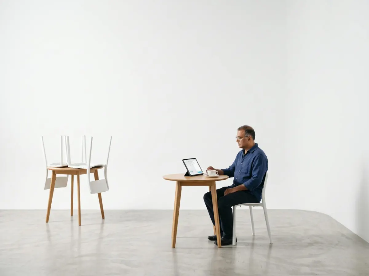 A restaurant owner reviewing the day on a tablet with a cup of tea after closing