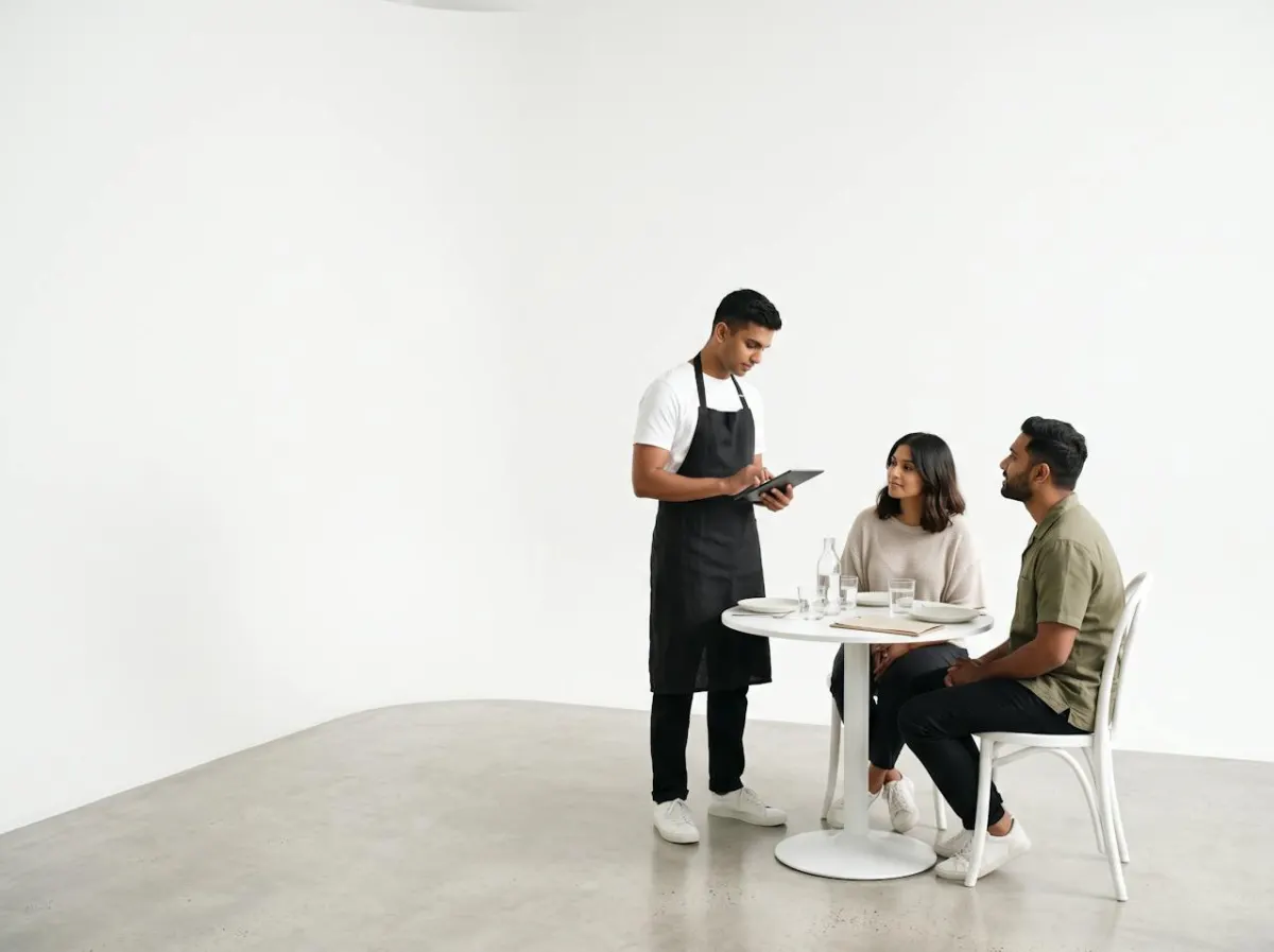 A waiter taking an order on a tablet at a table of two guests