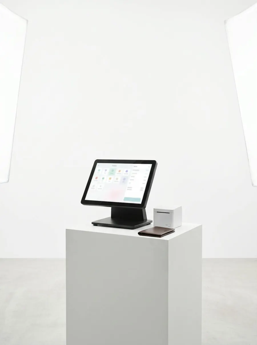 A single-screen POS terminal with a receipt printer and a bill folder on a white counter