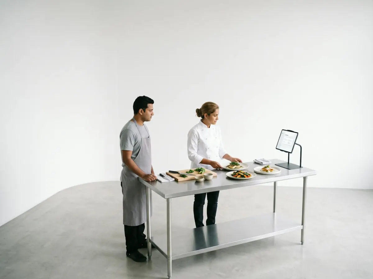 Chefs plating dishes at a steel prep counter with a tablet showing orders