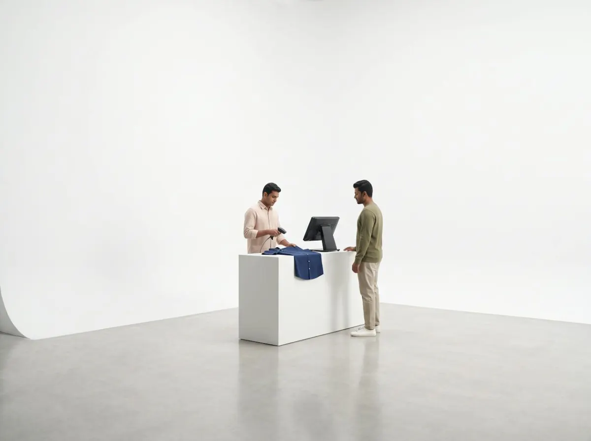 A shop assistant billing a folded shirt at a single-screen POS terminal while a customer waits