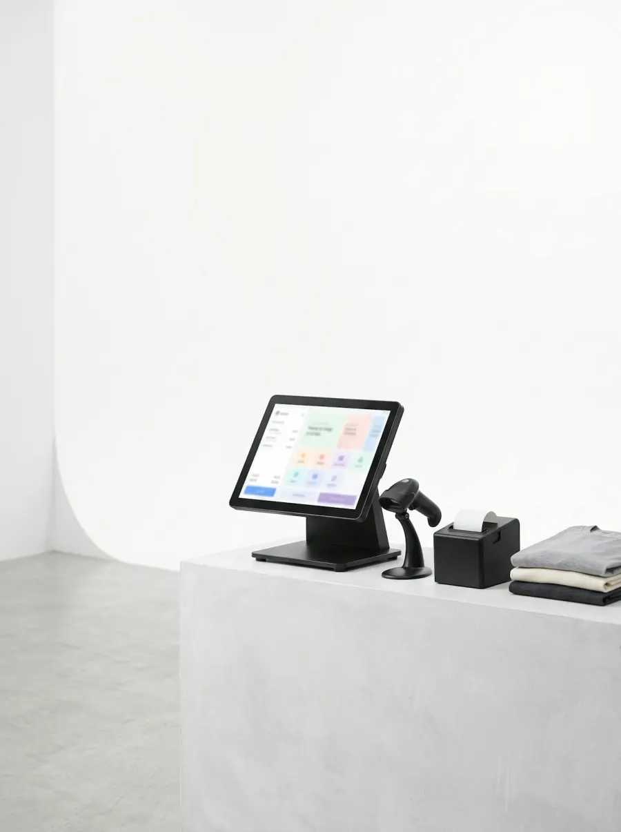 A single-screen POS terminal with a barcode scanner, receipt printer and folded shirts on a white counter