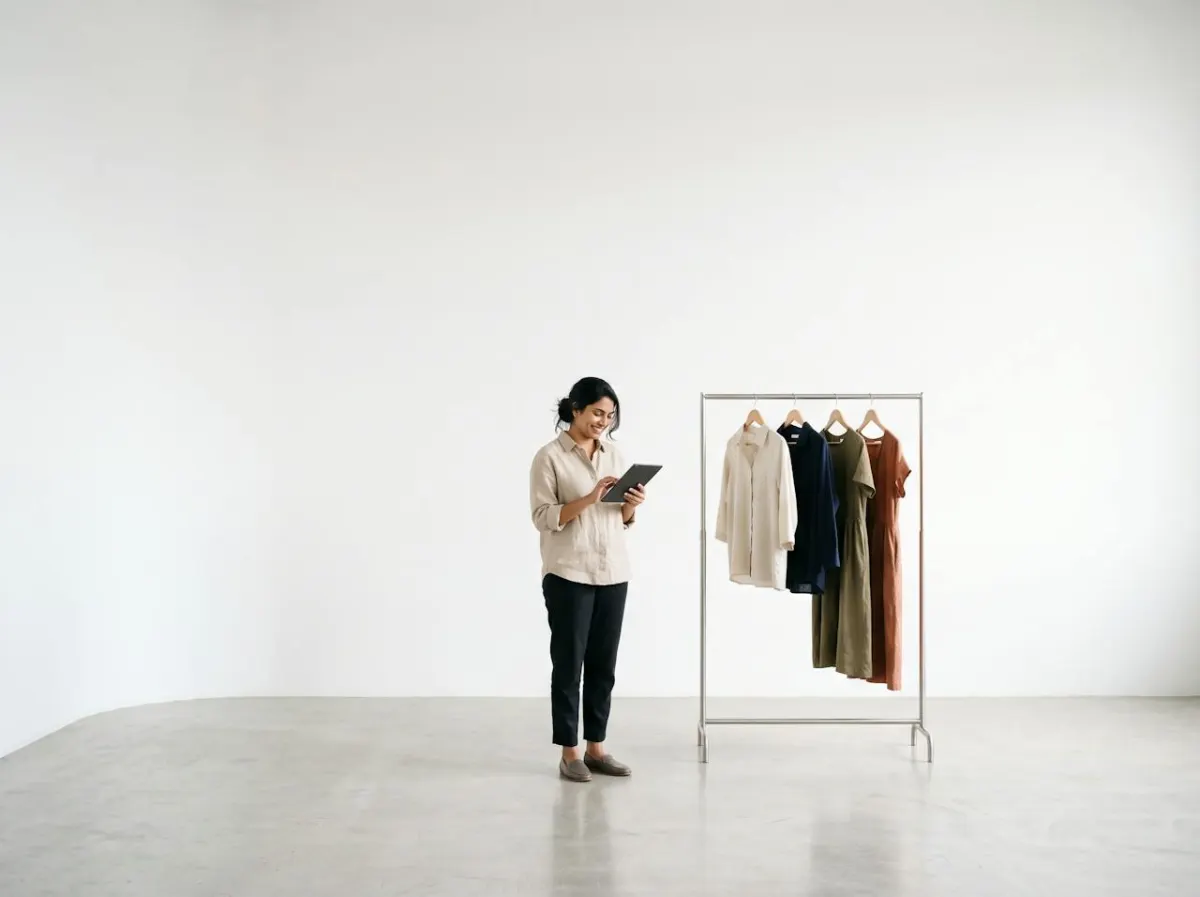 A shop owner checking the day on a tablet beside a clothing rail