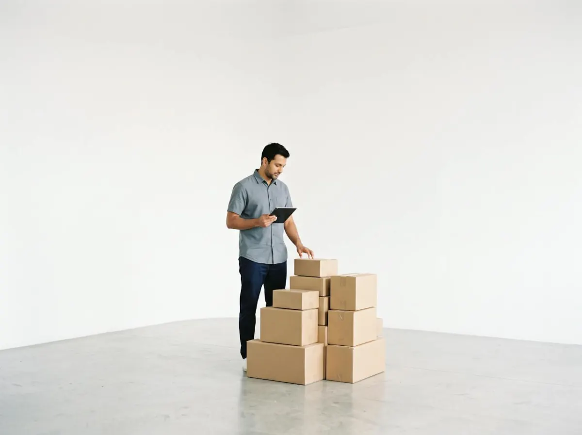 A shop owner checking a stack of cartons against a tablet