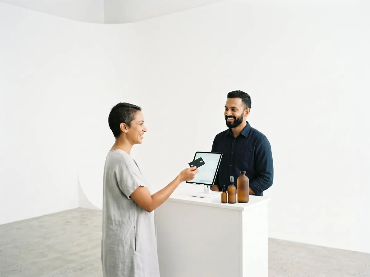 A client paying by card at a salon desk with a tablet till