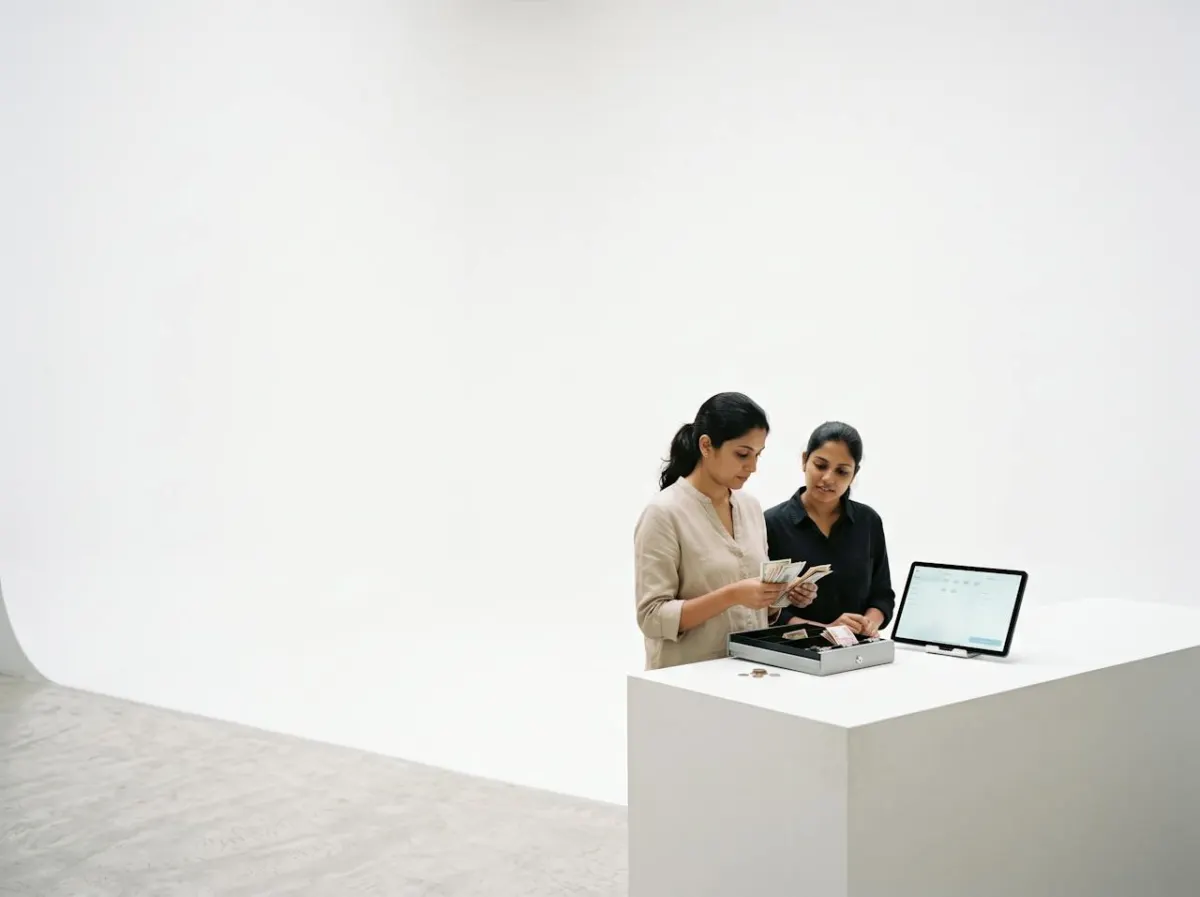Two supervisors counting the cash drawer beside a tablet at the end of the day
