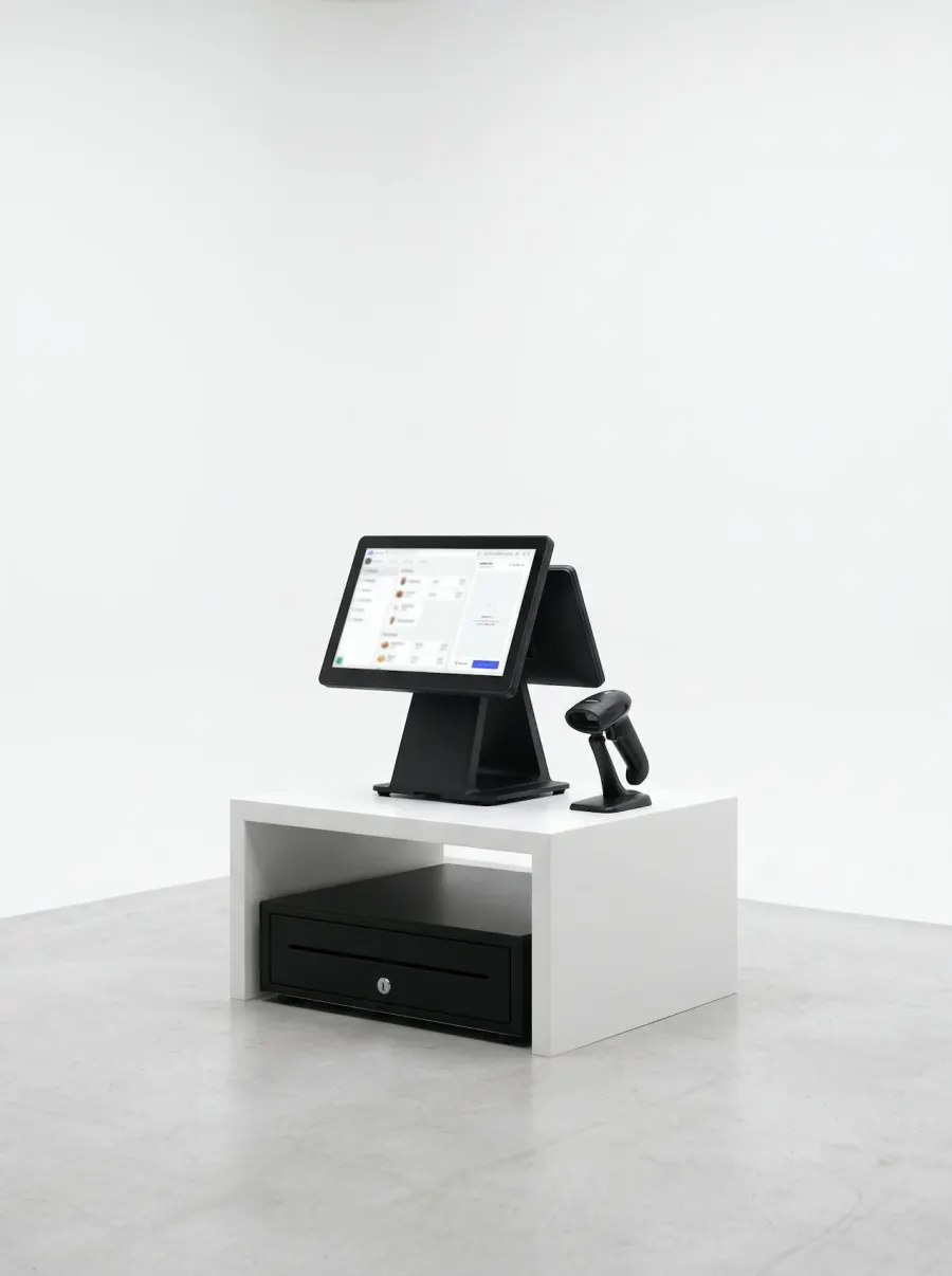 A dual-screen POS terminal with a barcode scanner on a white counter, a cash drawer below