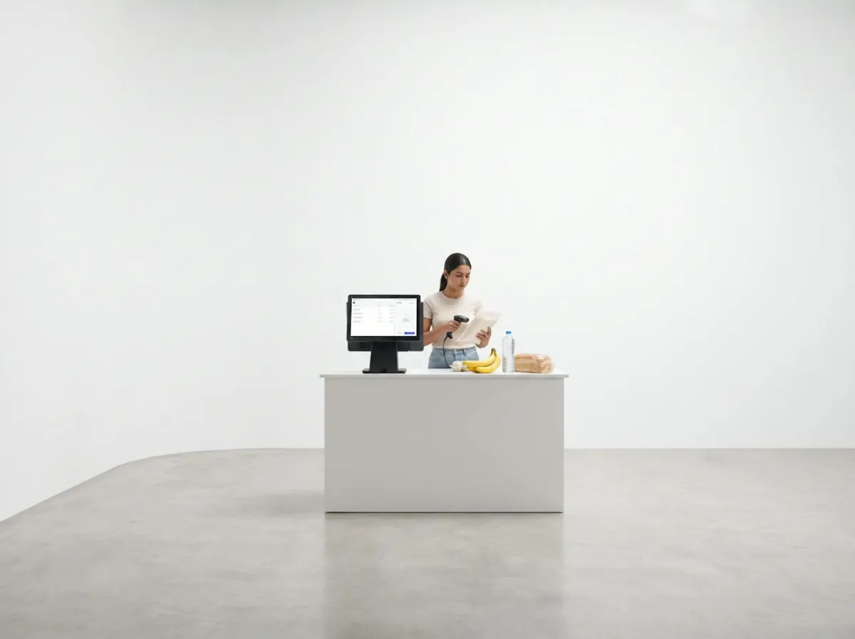 A cashier at a checkout counter with a dual-screen POS terminal, seen from the customer side