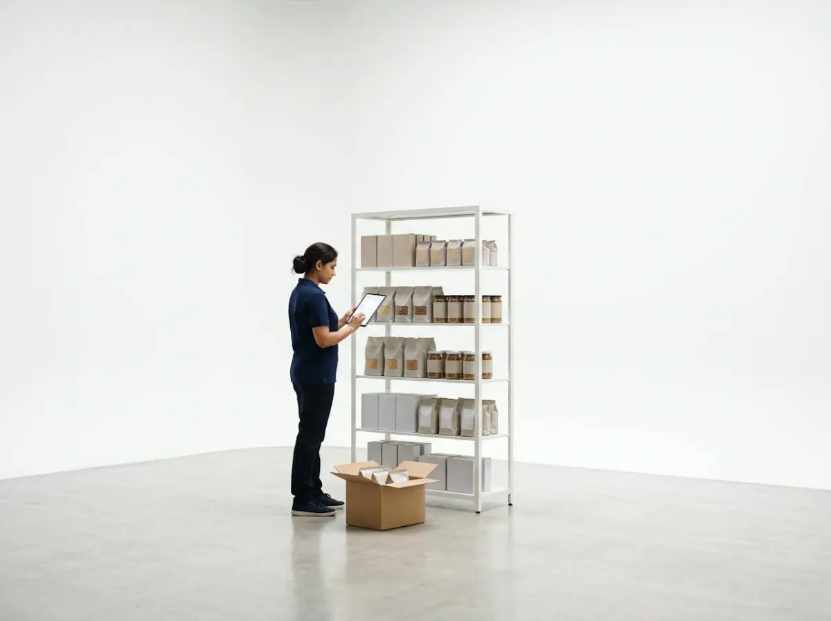 A supermarket worker checking a shelf of packaged goods against a tablet