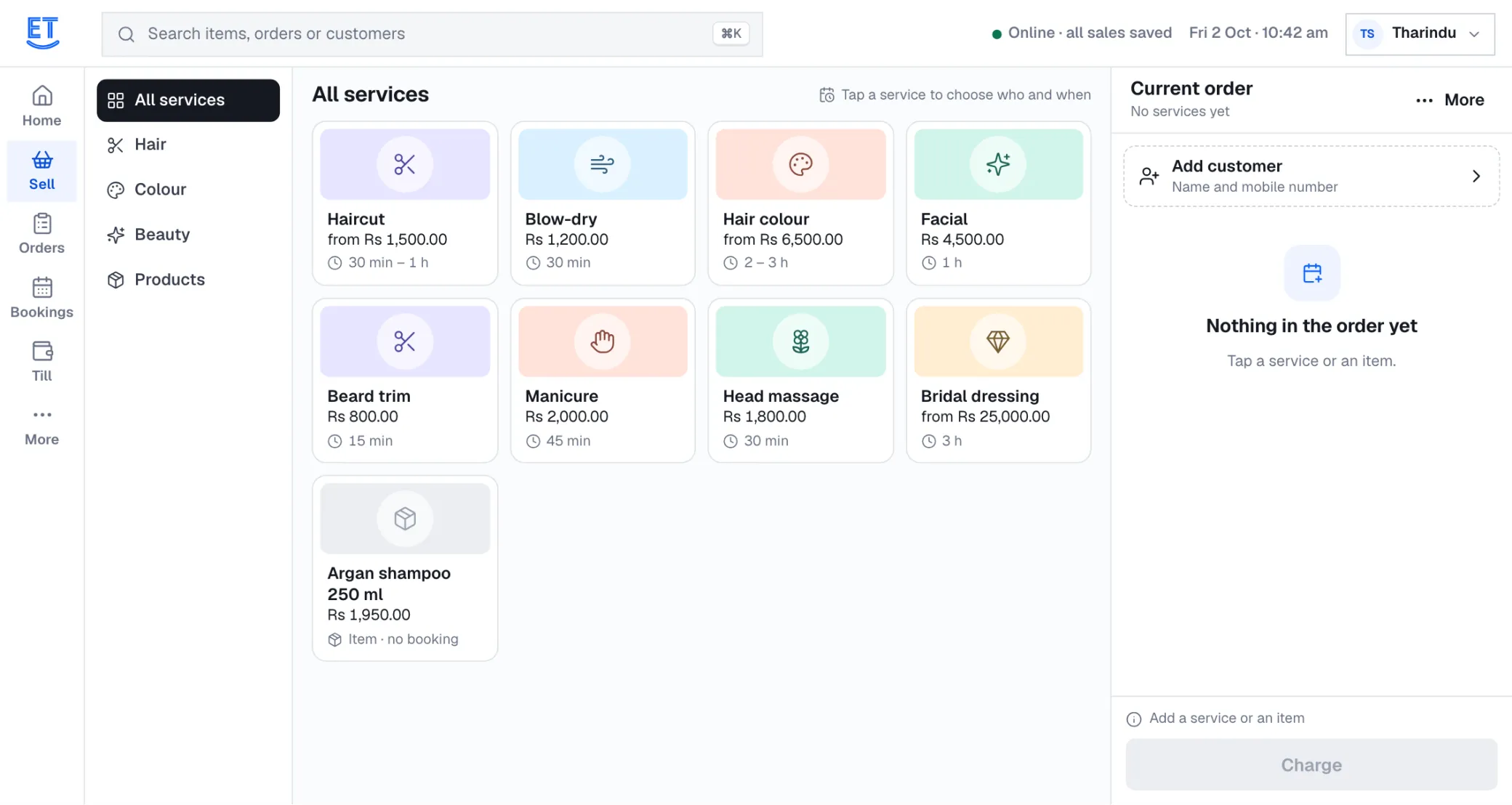 ET CloudPOS till for a salon: service tiles with length and price, and bookings